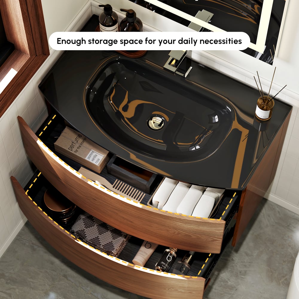 Modern 800mm Floating Bathroom Vanity with One-piece Glass Basin 2 Drawers in Walnut window image