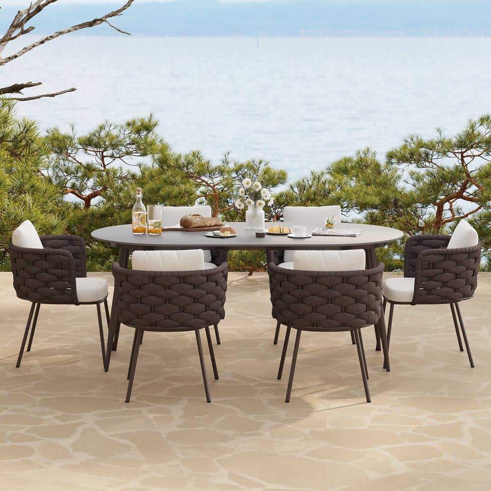 Customer Reviews for 7 Pieces 70.9'' Outdoor Sintered Stone Top Dining Table Set with Rope Woven Armchairs