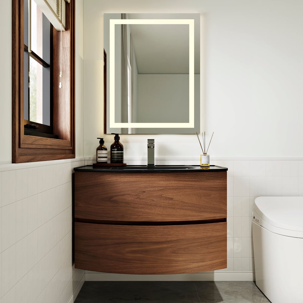 Modern 800mm Floating Bathroom Vanity with One-piece Glass Basin 2 Drawers in Walnut window image