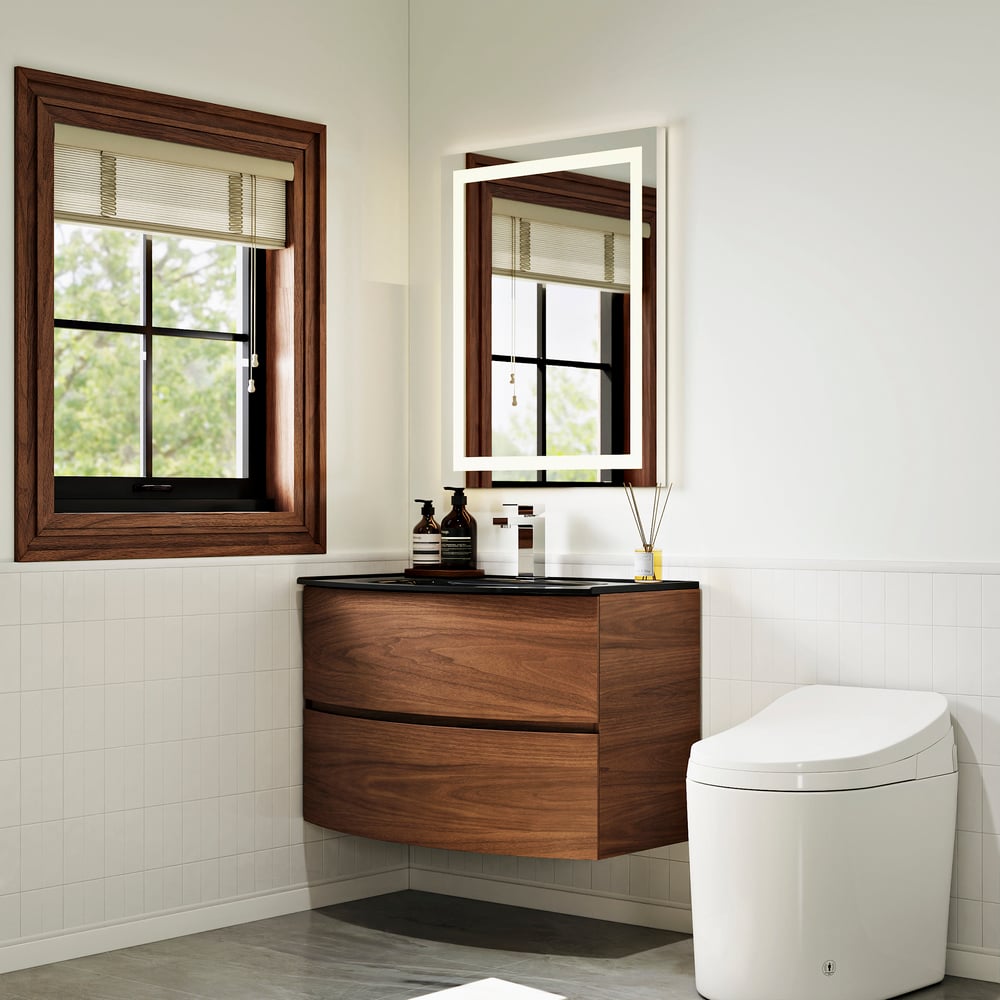Modern 800mm Floating Bathroom Vanity with One-piece Glass Basin 2 Drawers in Walnut window image