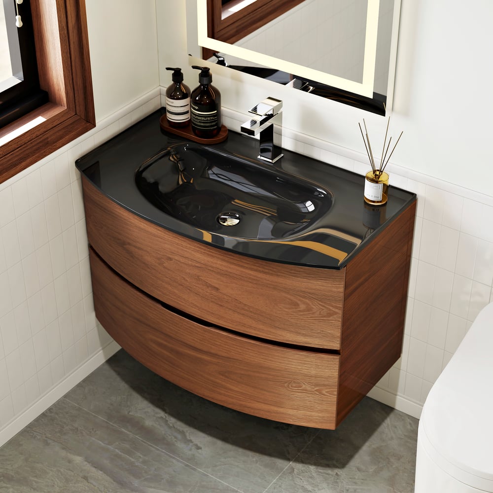 Modern 800mm Floating Bathroom Vanity with One-piece Glass Basin 2 Drawers in Walnut window image