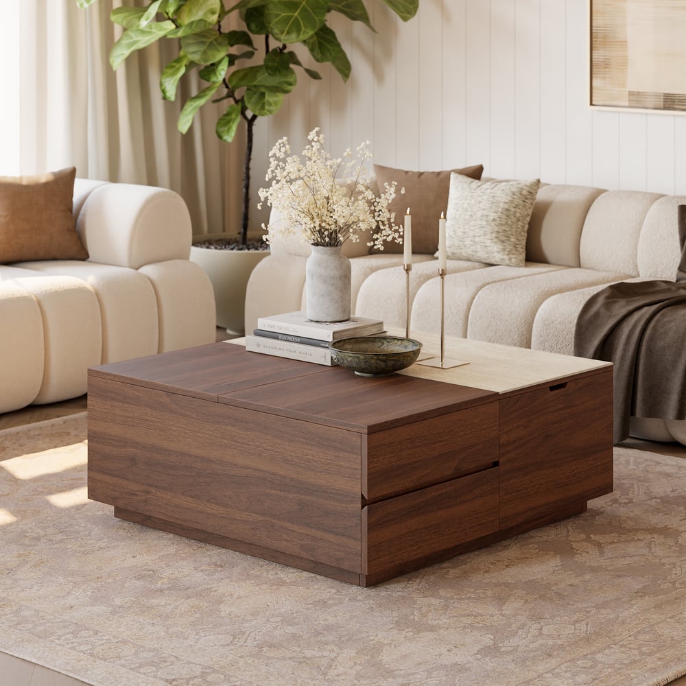 39" Square Lift-Top Walnut Travertine Veneer Coffee Table window image