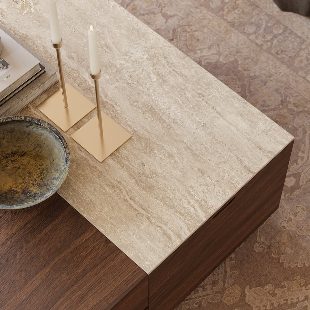 39" Square Lift-Top Walnut Travertine Veneer Coffee Table window image