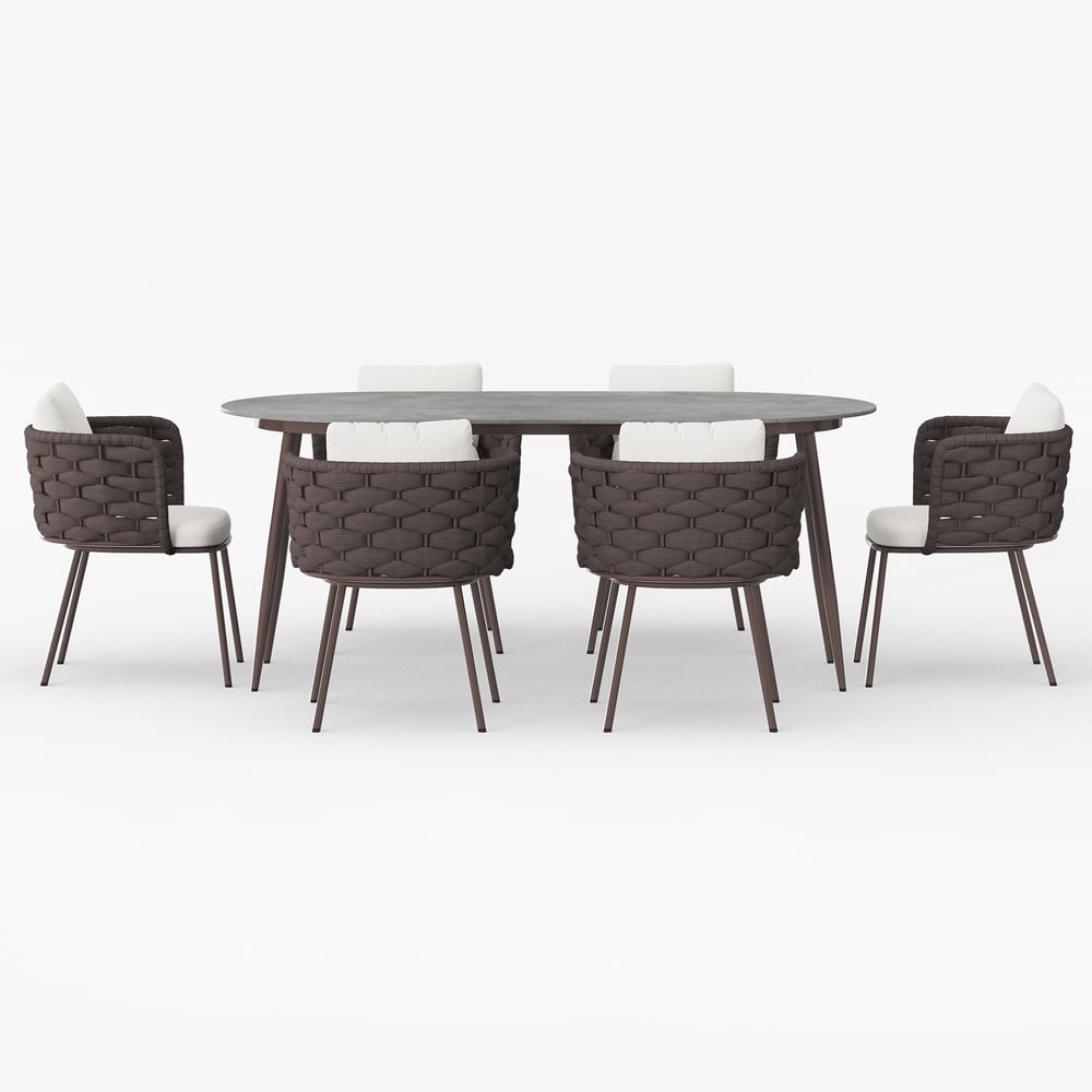 7 Pieces 70.9'' Outdoor Sintered Stone Top Dining Table Set with Rope Woven Armchairs window image