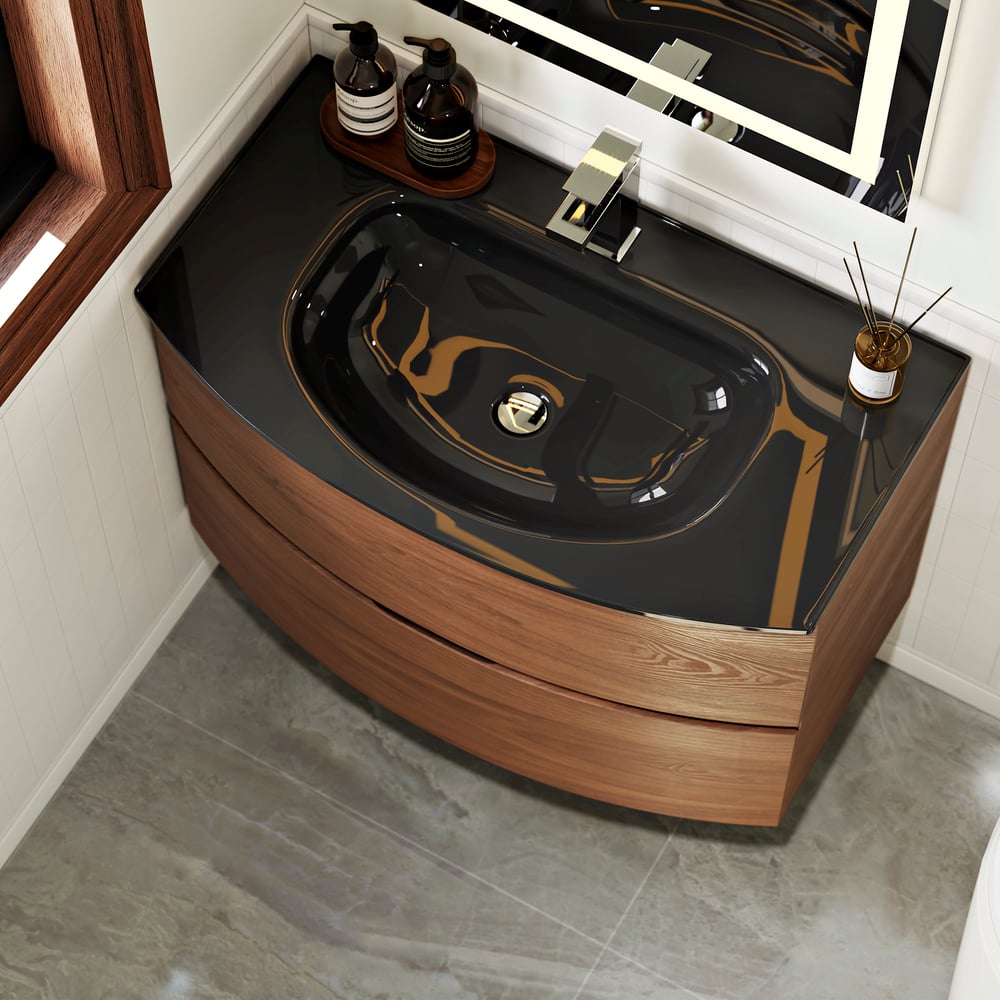 Modern 800mm Floating Bathroom Vanity with One-piece Glass Basin 2 Drawers in Walnut window image