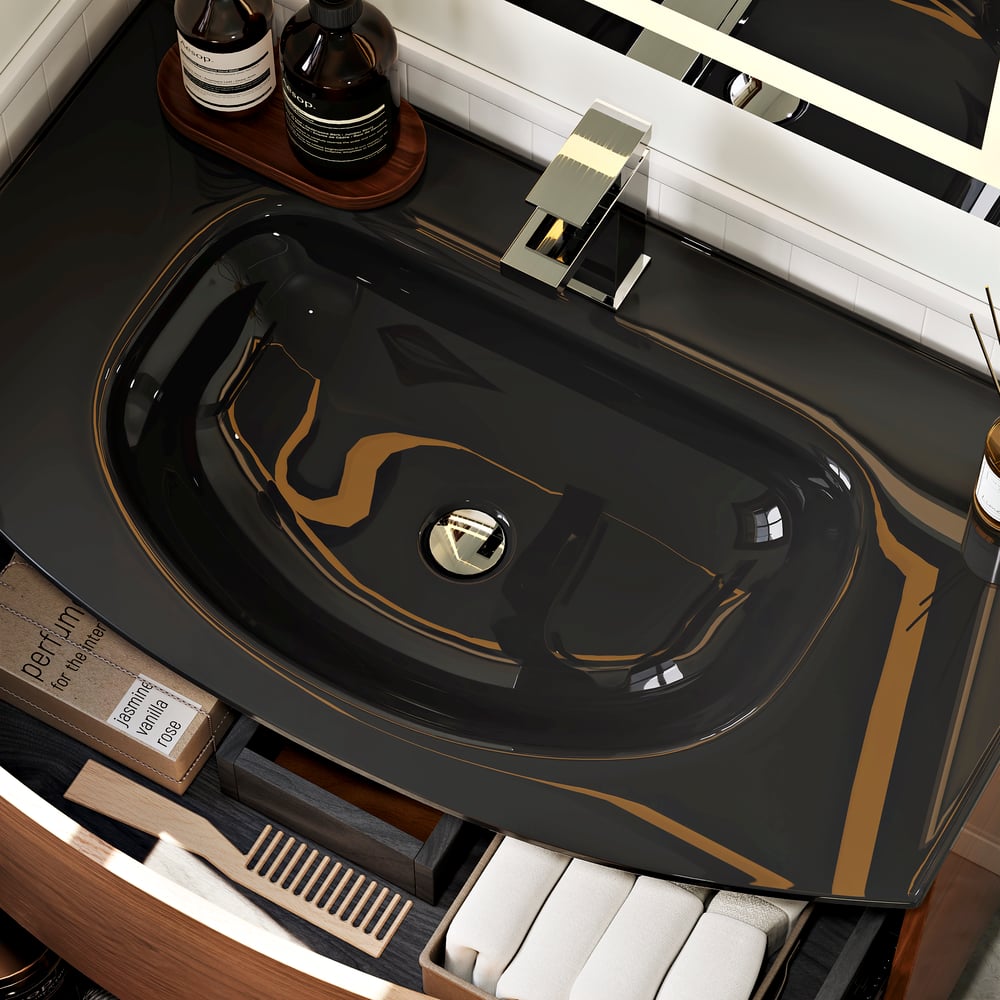 Modern 800mm Floating Bathroom Vanity with One-piece Glass Basin 2 Drawers in Walnut window image