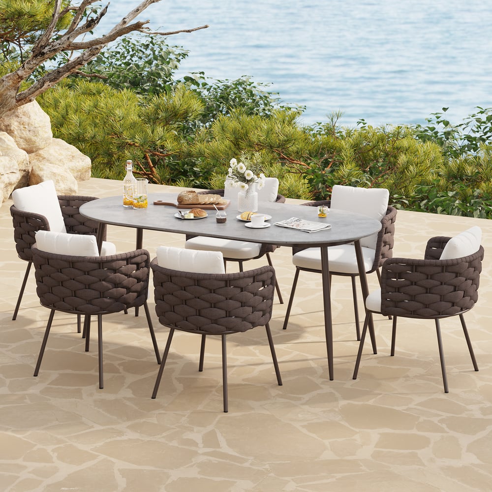 Customer Reviews for 7 Pieces 70.9'' Outdoor Sintered Stone Top Dining Table Set with Rope Woven Armchairs