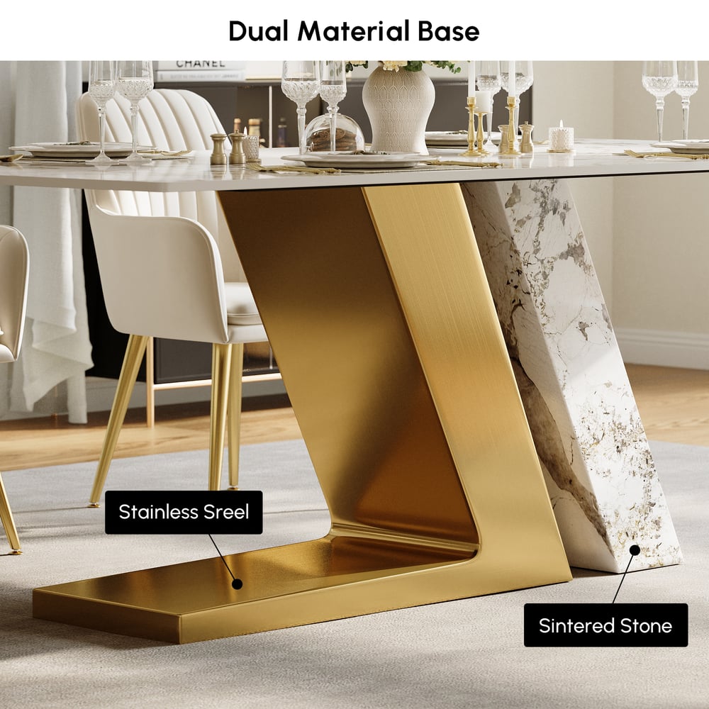Moderna mesa de comedor rectangular de piedra sinterizada de 1600 mm con 4 sillas en dorado imagen de ventana