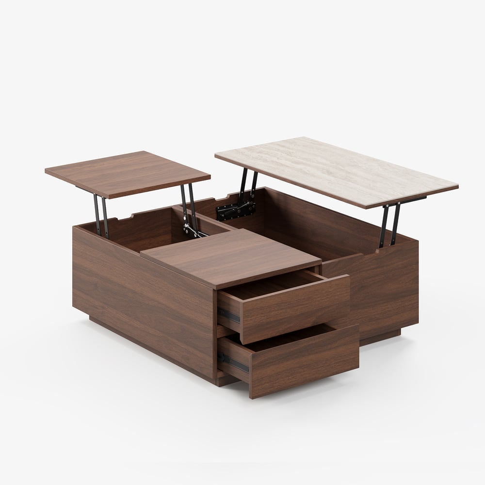 39" Square Lift-Top Walnut Travertine Veneer Coffee Table window image