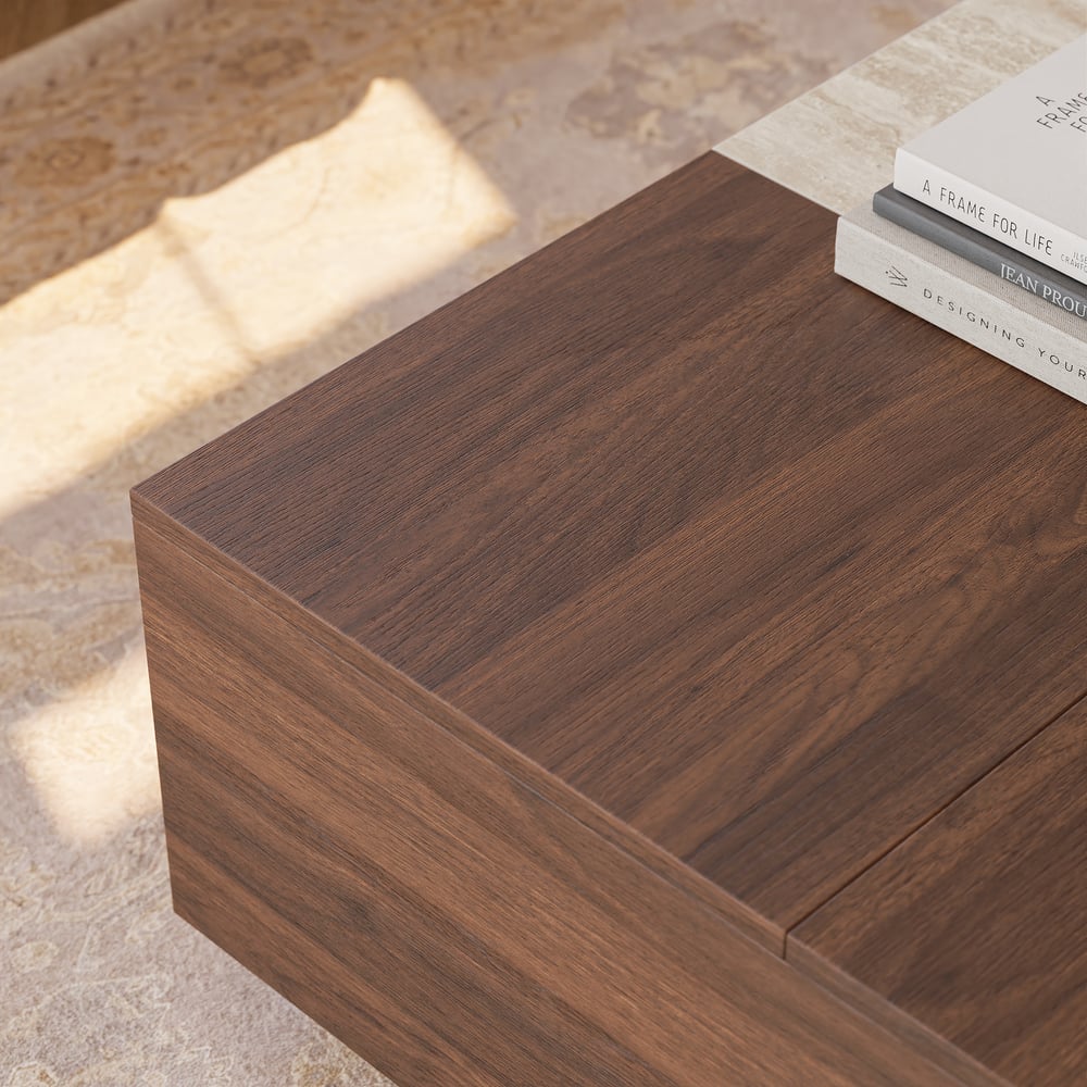 39" Square Lift-Top Walnut Travertine Veneer Coffee Table window image