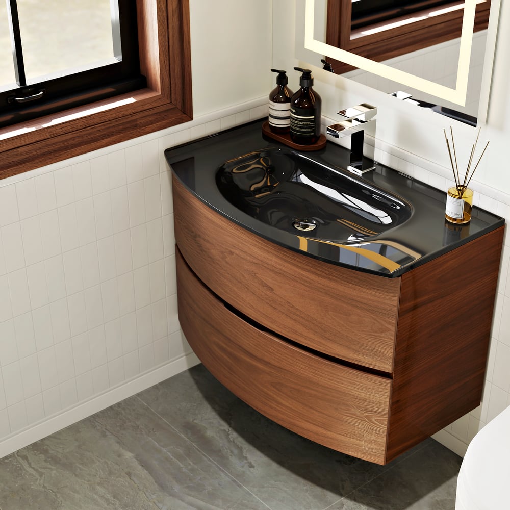 Modern 800mm Floating Bathroom Vanity with One-piece Glass Basin 2 Drawers in Walnut window image