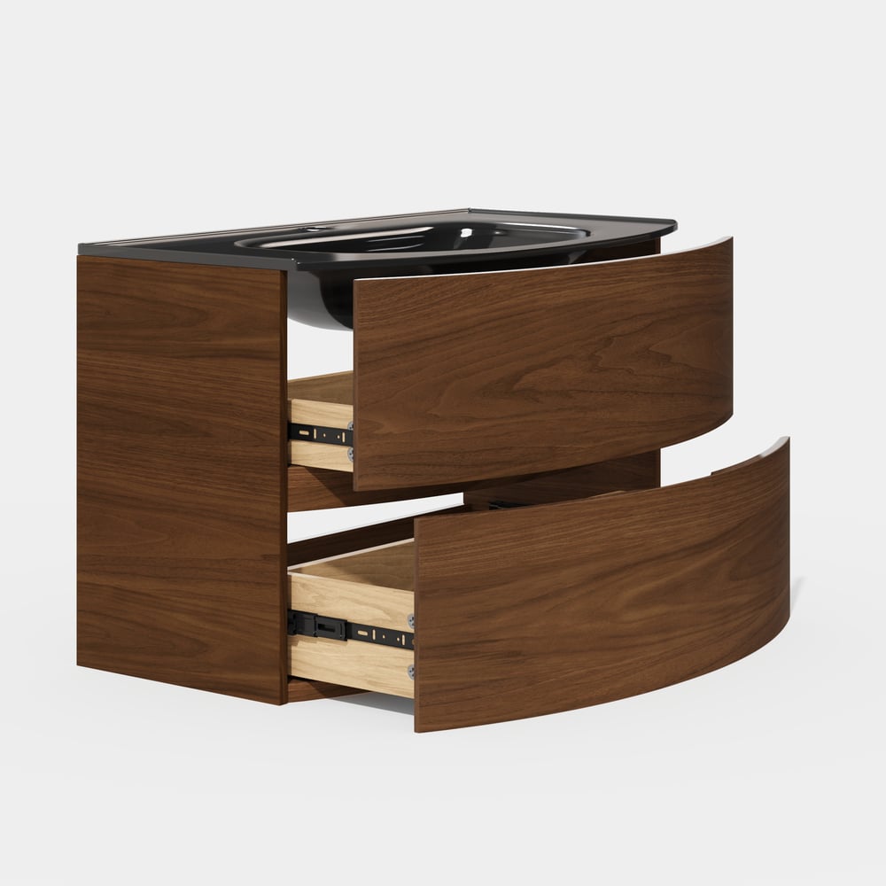 Modern 800mm Floating Bathroom Vanity with One-piece Glass Basin 2 Drawers in Walnut window image