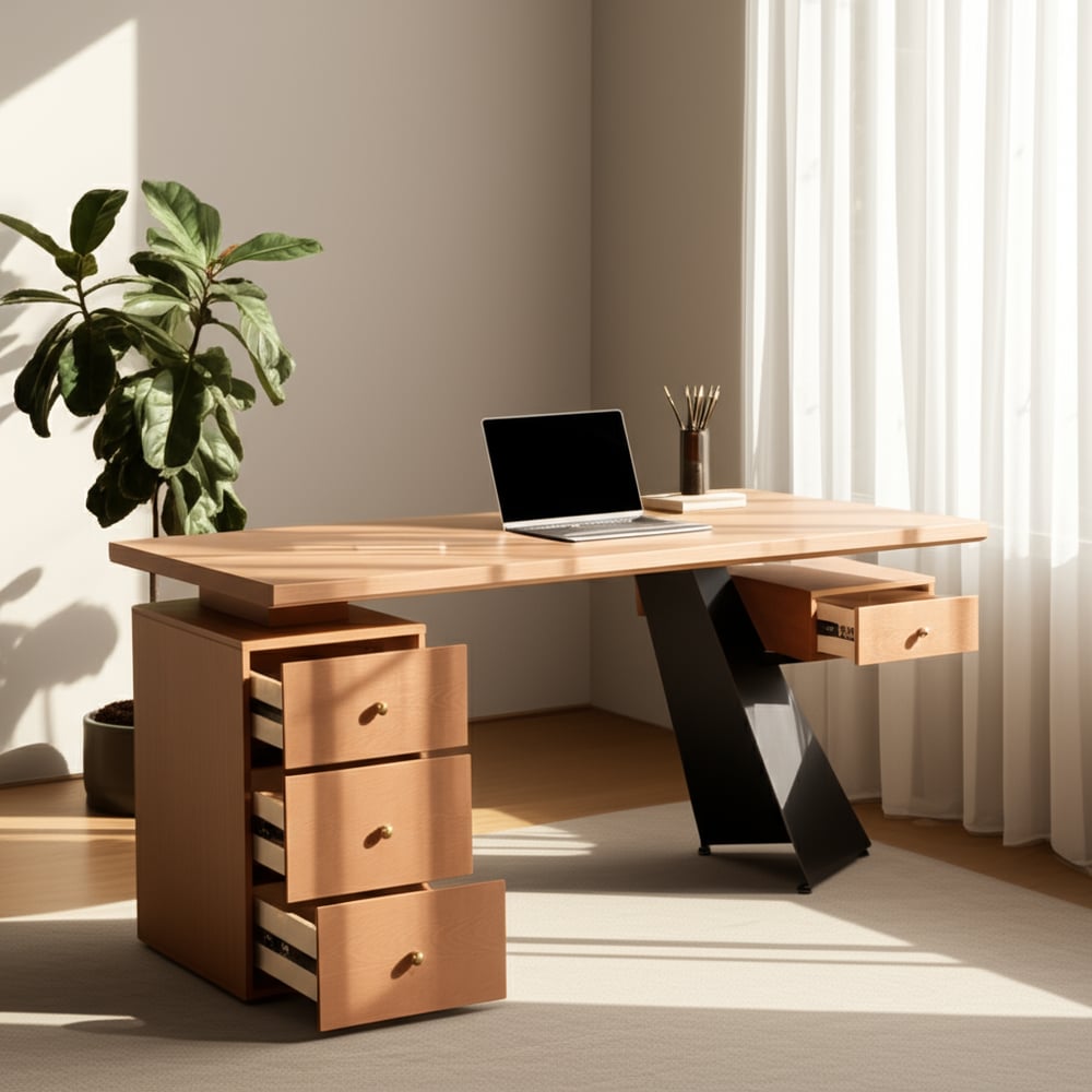 Modern Ash Wood Straight Desk with 4 Drawers, Executive Office Desk (63") window image