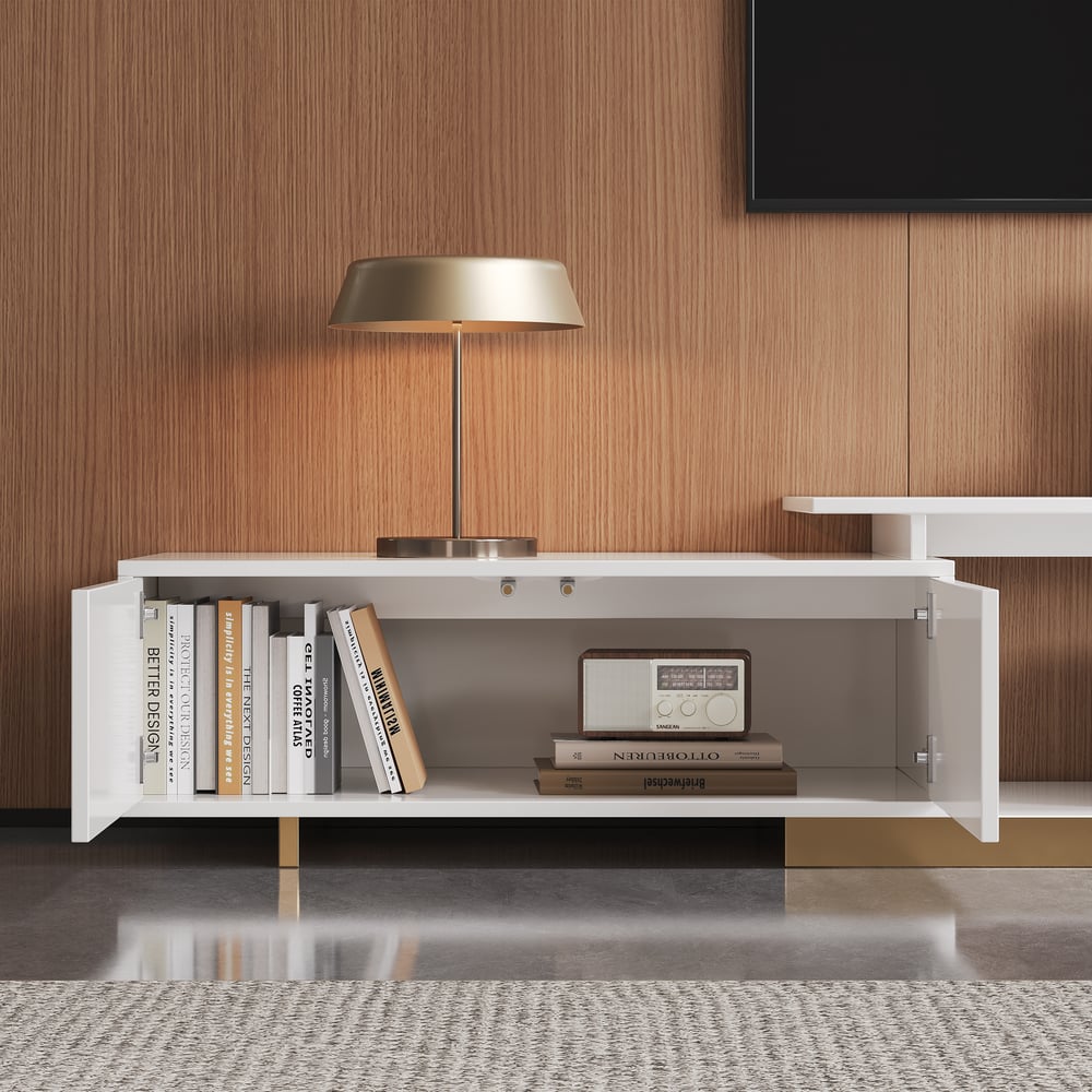 Meuble TV extensible Mordel 160 à 240 cm blanc avec rangement image de fenêtre
