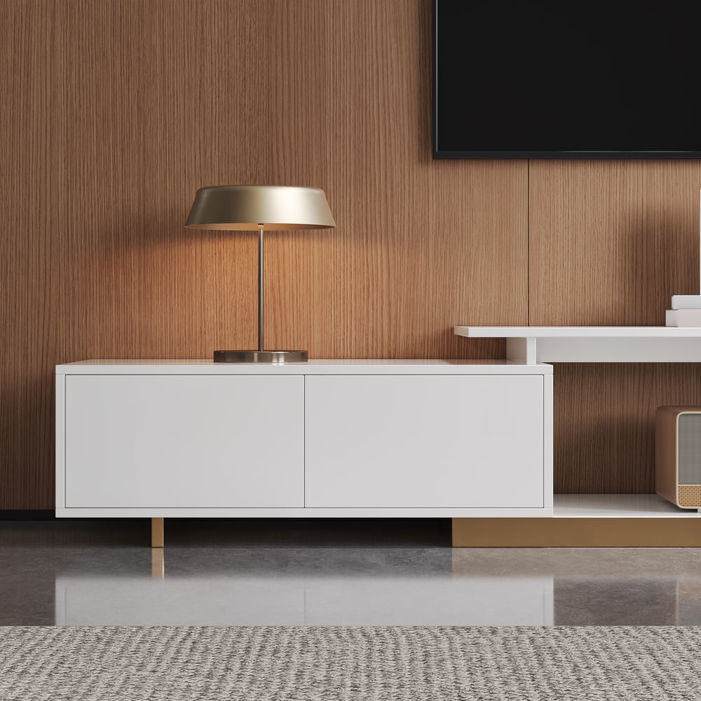 Meuble TV extensible Mordel 160 à 240 cm blanc avec rangement image de fenêtre