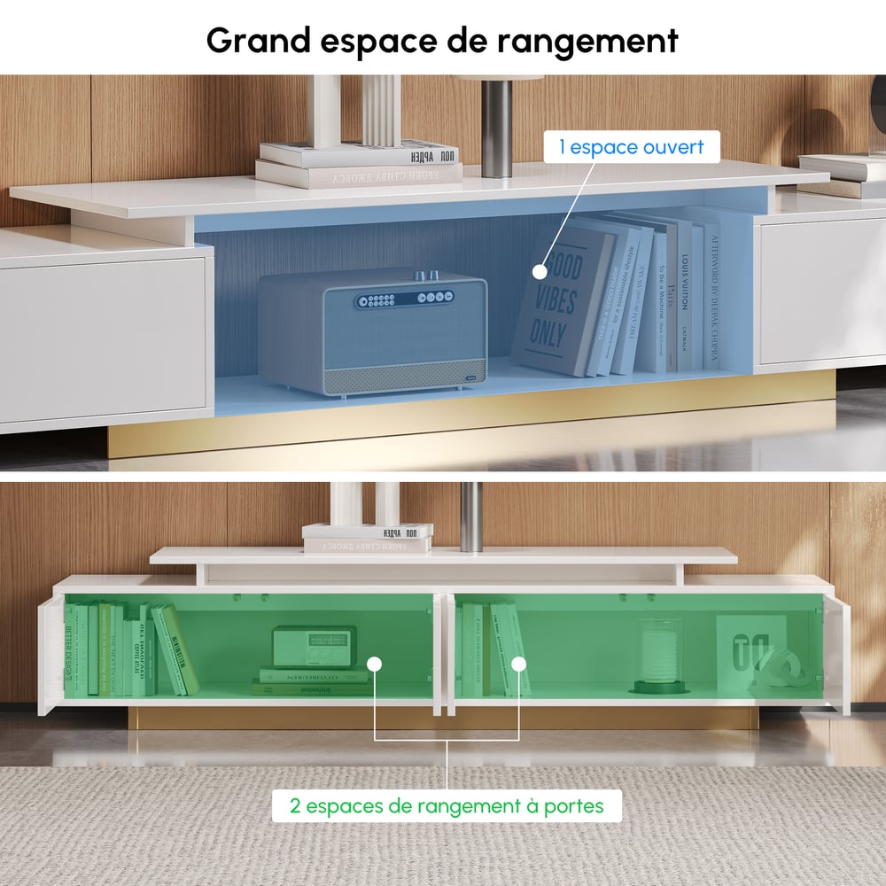 Meuble TV extensible Mordel 160 à 240 cm blanc avec rangement image de fenêtre