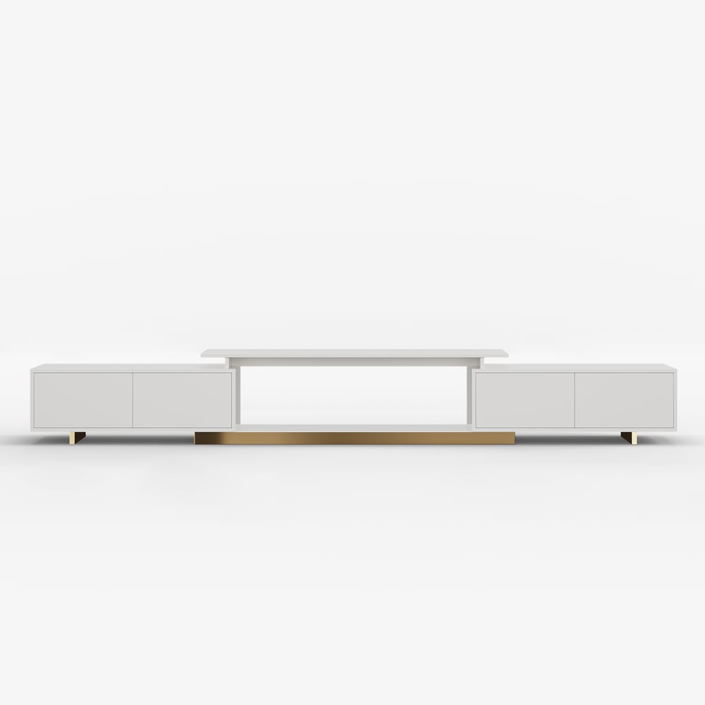 Meuble TV extensible Mordel 160 à 240 cm blanc avec rangement image de fenêtre