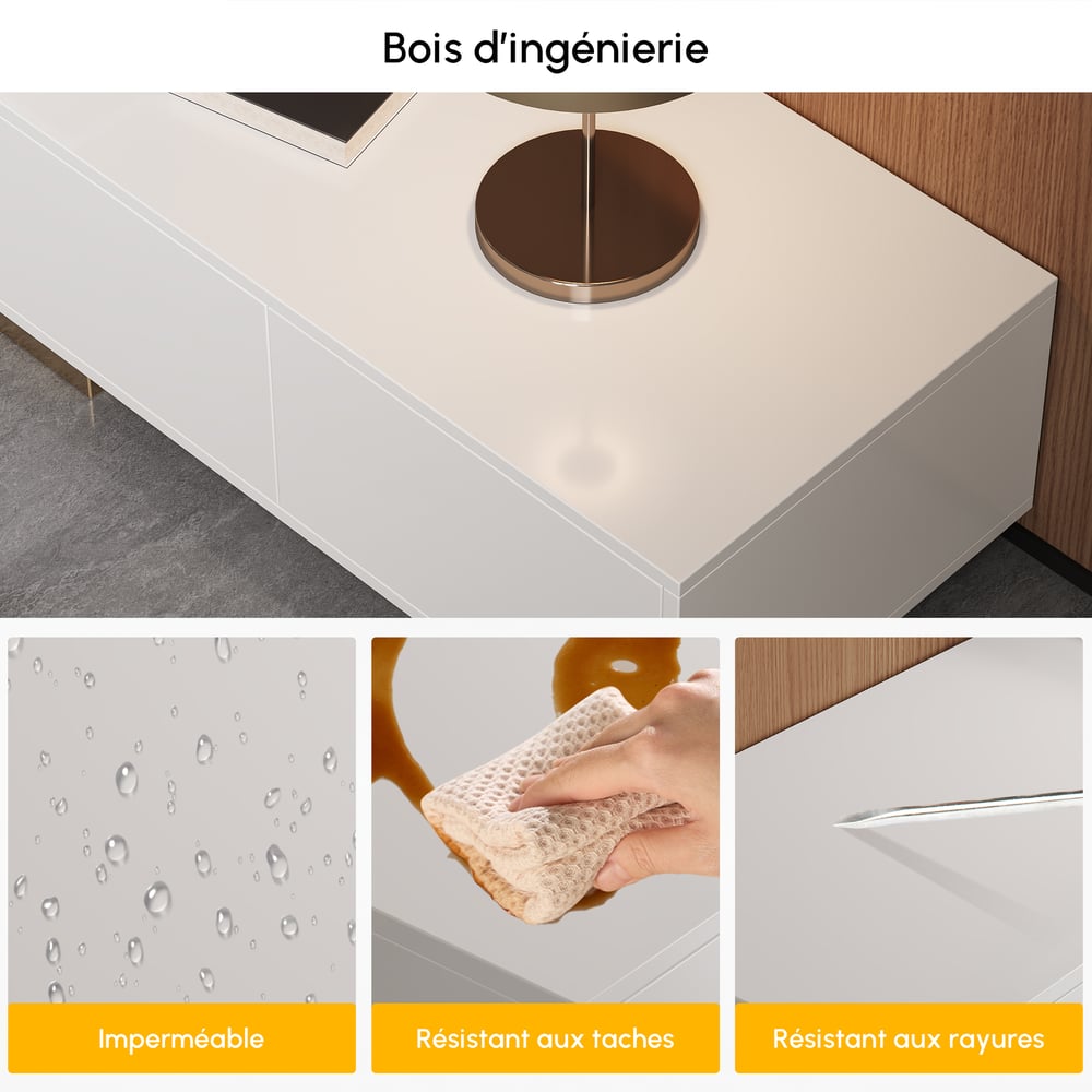 Meuble TV extensible Mordel 160 à 240 cm blanc avec rangement image de fenêtre