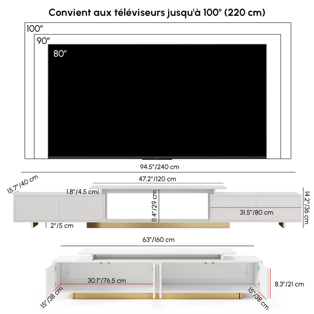 Meuble TV extensible Mordel 160 à 240 cm blanc avec rangement Poids, dimensions, image