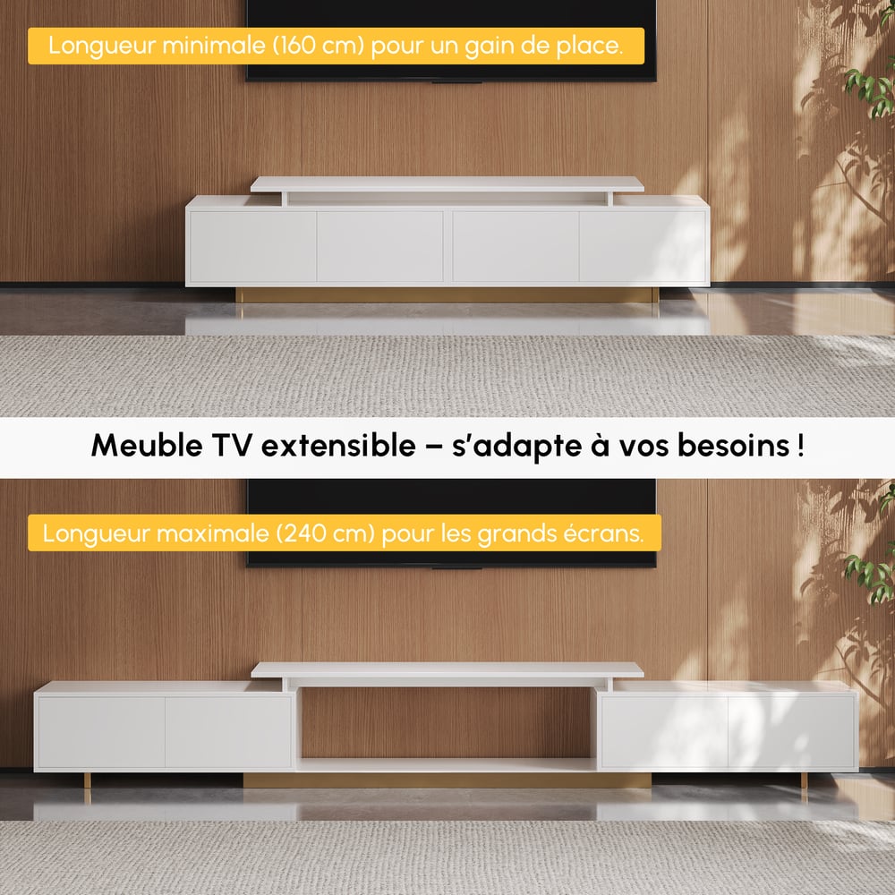 Meuble TV extensible Mordel 160 à 240 cm blanc avec rangement image de fenêtre