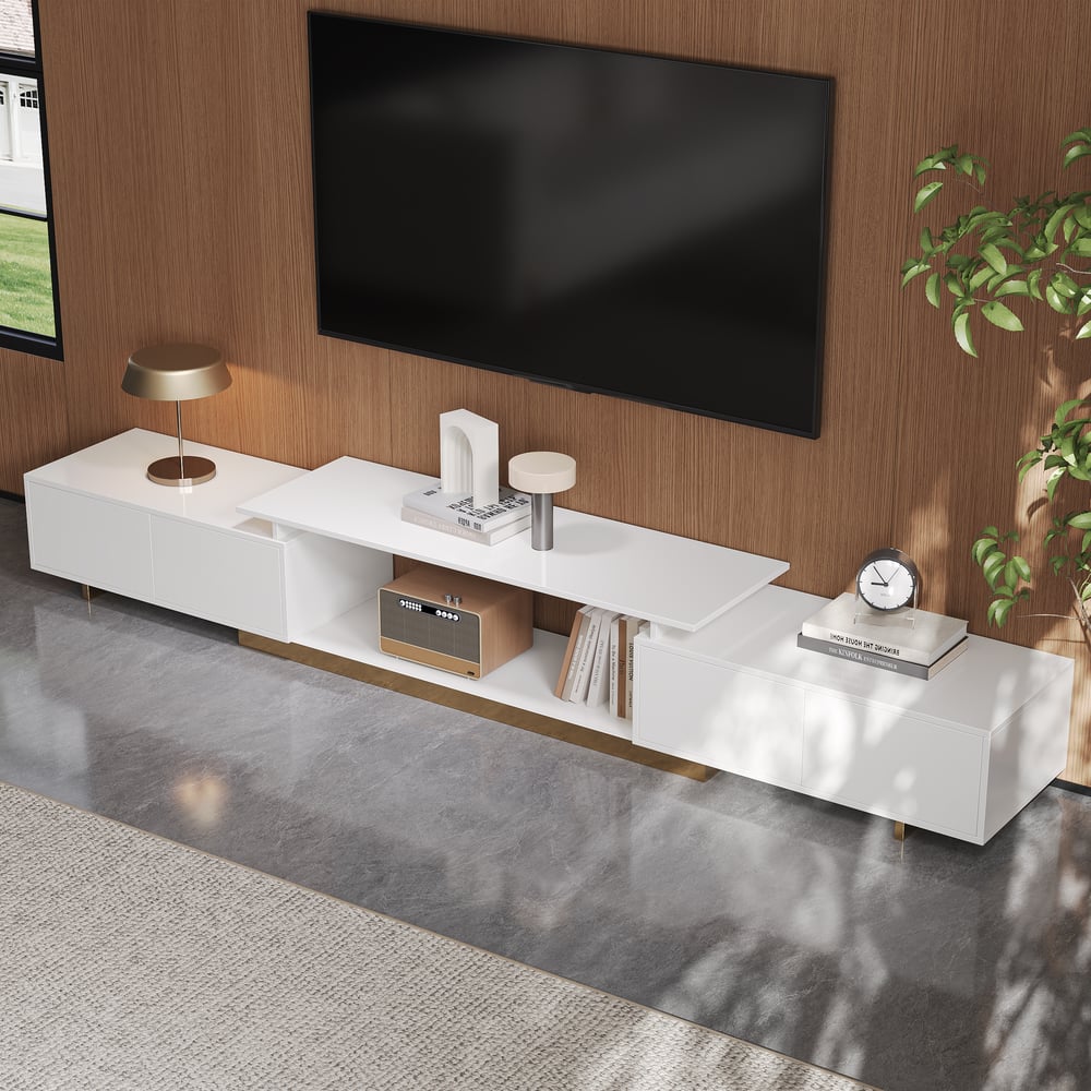 Meuble TV extensible Mordel 160 à 240 cm blanc avec rangement image de fenêtre
