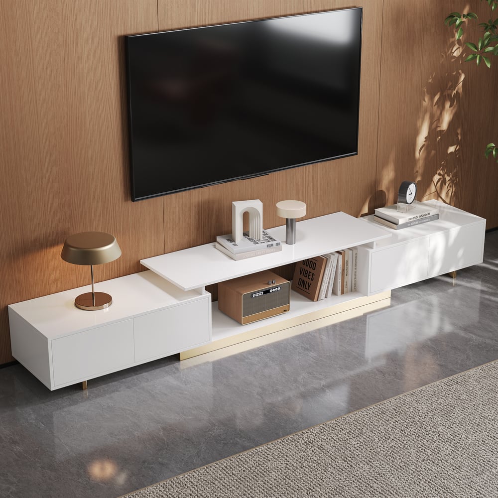 Meuble TV extensible Mordel 160 à 240 cm blanc avec rangement image de fenêtre