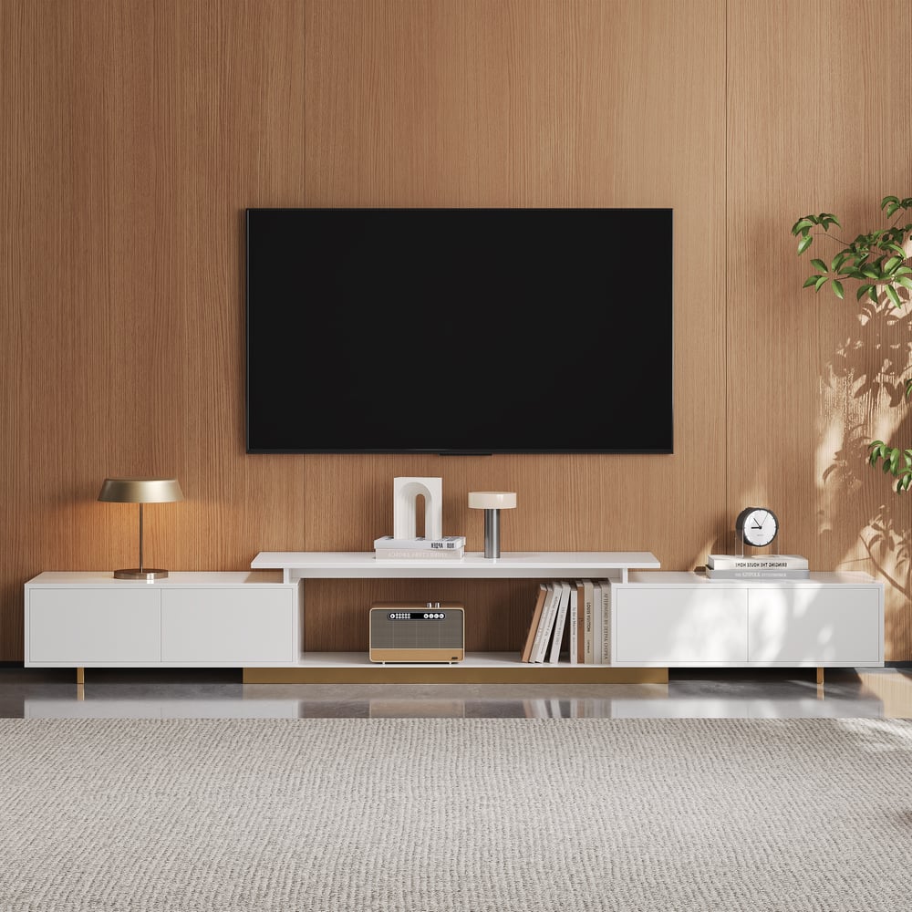 Meuble TV extensible Mordel 160 à 240 cm blanc avec rangement image de fenêtre