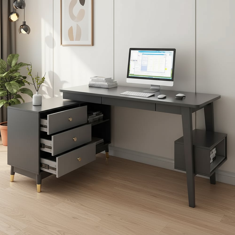 Ultic Gray L-Shaped Desk with Storage Drawers & Shelf for Home Office (47.2'') window image