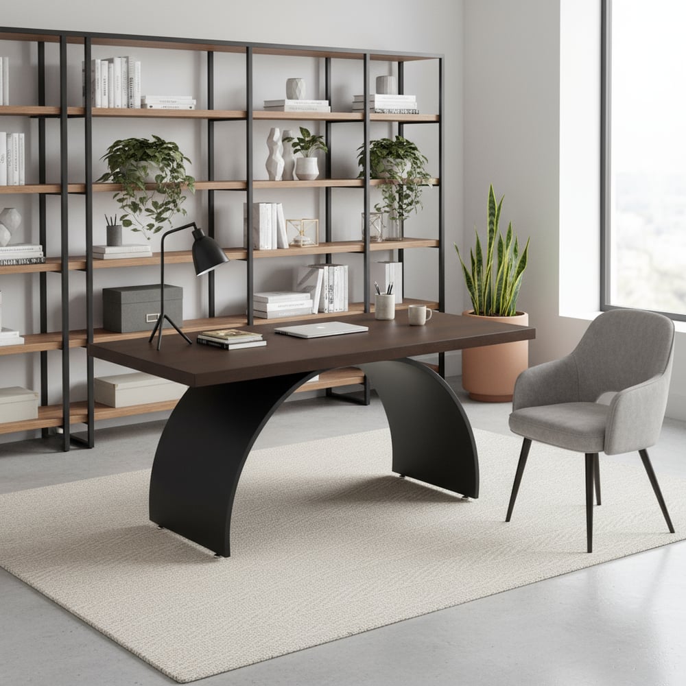 Questions and Answers for Walnut wood executive desk, 180 cm rectangular and industrial style straight desk