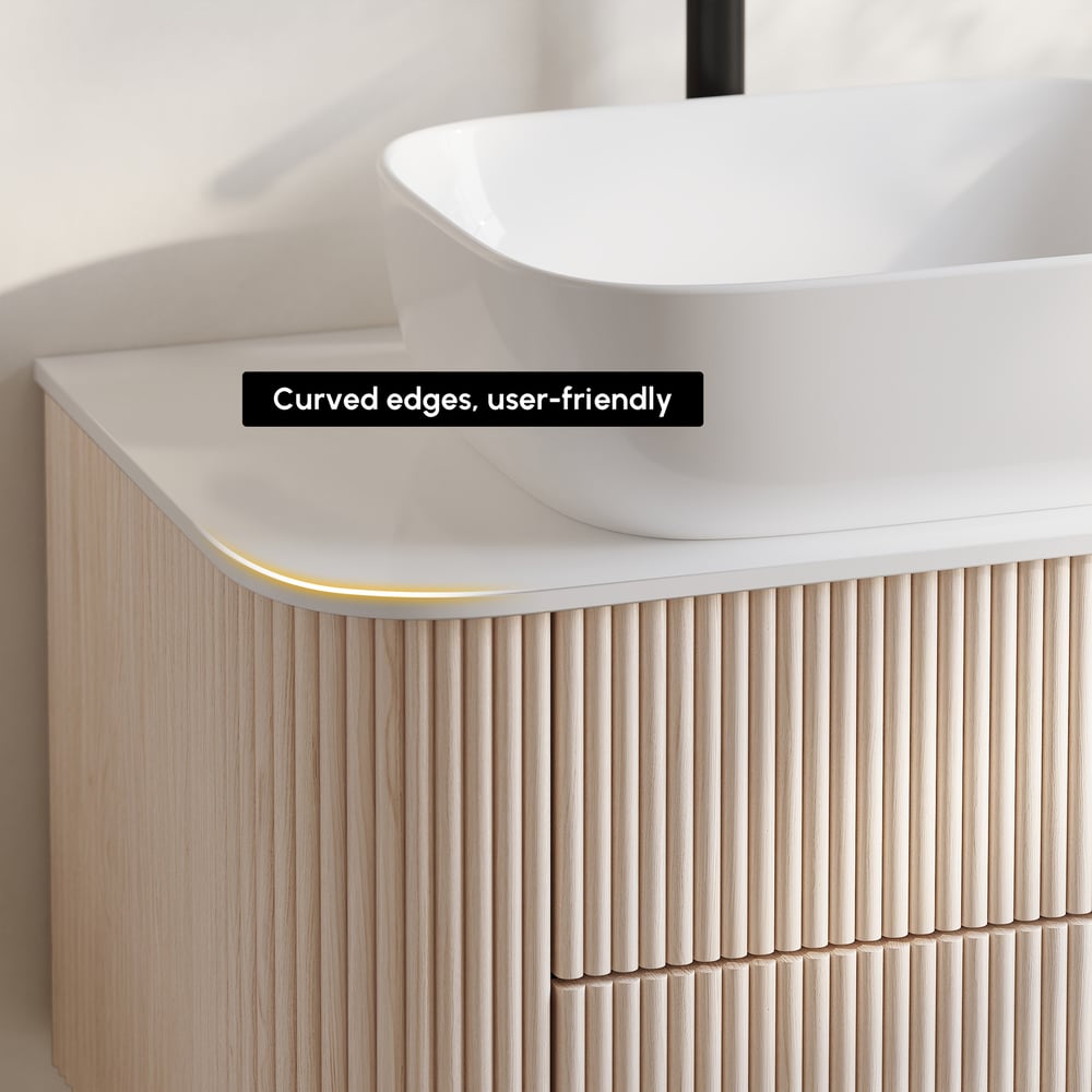 31.5" Whitewash Fluted Bathroom Vanity with Vessel Sink – Wall-Mounted Floating Design window image
