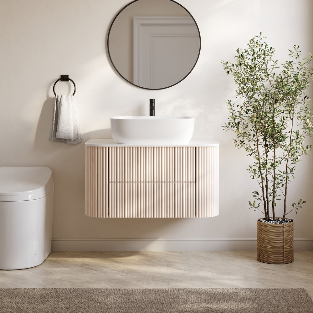 31.5" Whitewash Fluted Bathroom Vanity with Vessel Sink – Wall-Mounted Floating Design window image
