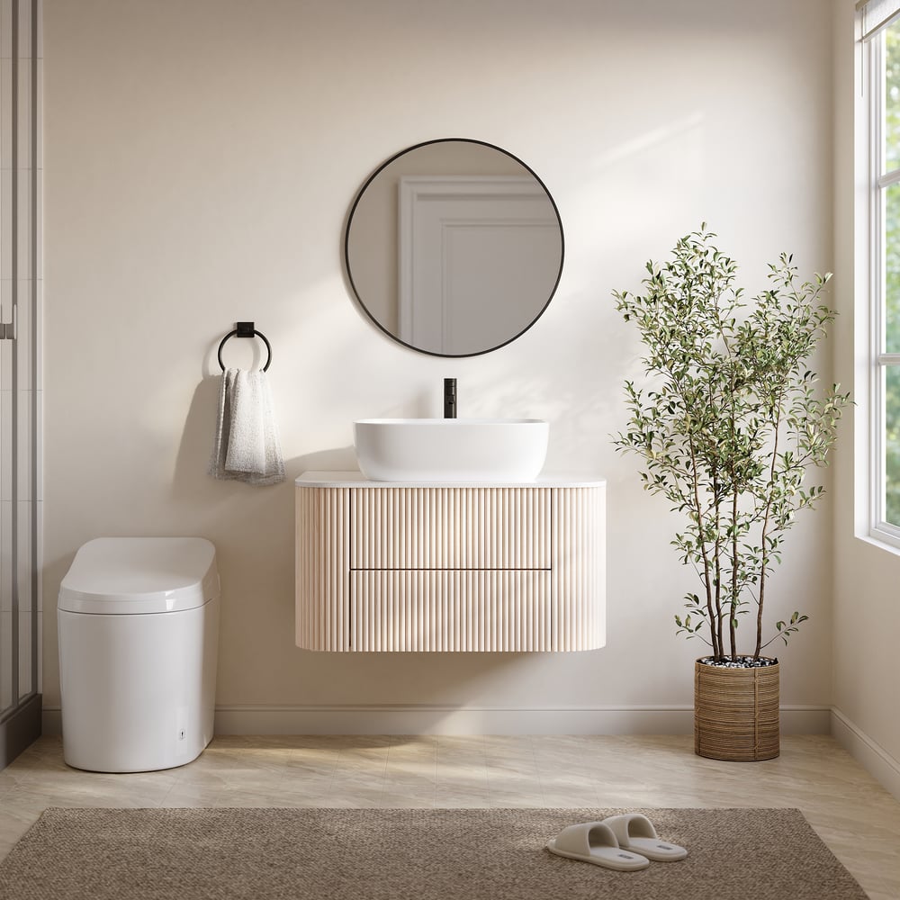 31.5" Whitewash Fluted Bathroom Vanity with Vessel Sink – Wall-Mounted Floating Design window image