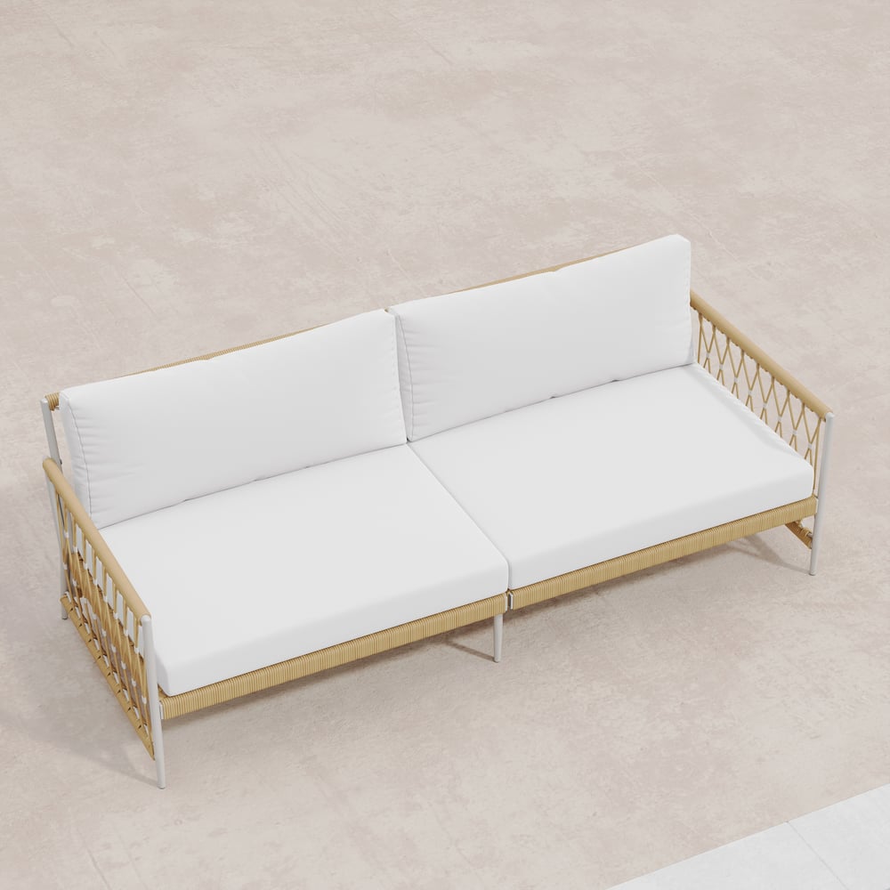 Ropipe Woven Rope Outdoor Sofa 3-Seater Sofa with White Polyester Pillow Cushion window image