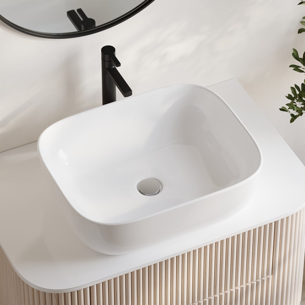 31.5" Whitewash Fluted Bathroom Vanity with Vessel Sink – Wall-Mounted Floating Design window image