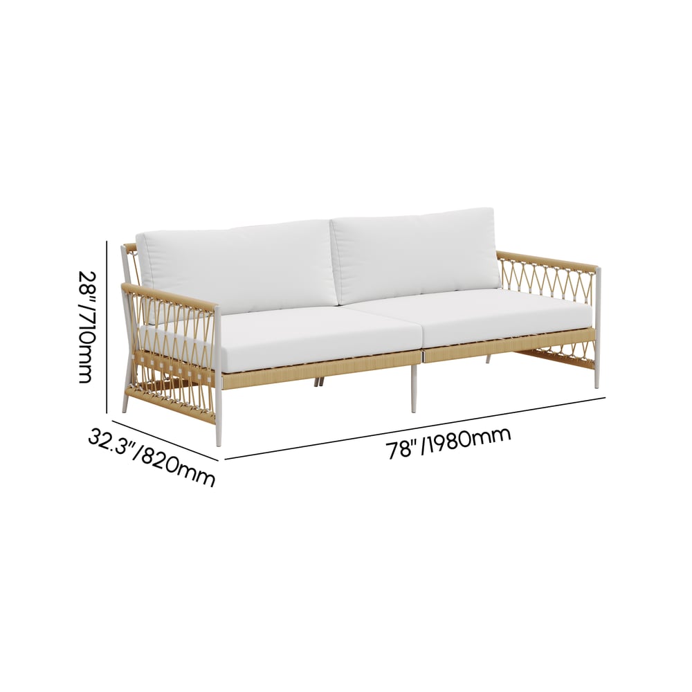 Ropipe Woven Rope Outdoor Sofa 3-Seater Sofa with White Polyester Pillow Cushion weights dimensions image