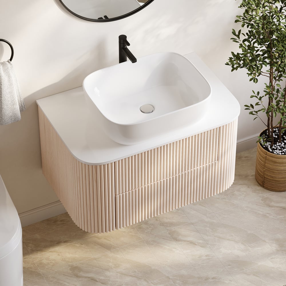 31.5" Whitewash Fluted Bathroom Vanity with Vessel Sink – Wall-Mounted Floating Design window image