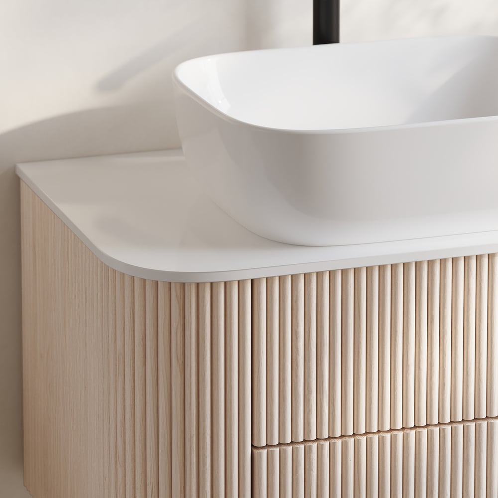 31.5" Whitewash Fluted Bathroom Vanity with Vessel Sink – Wall-Mounted Floating Design window image