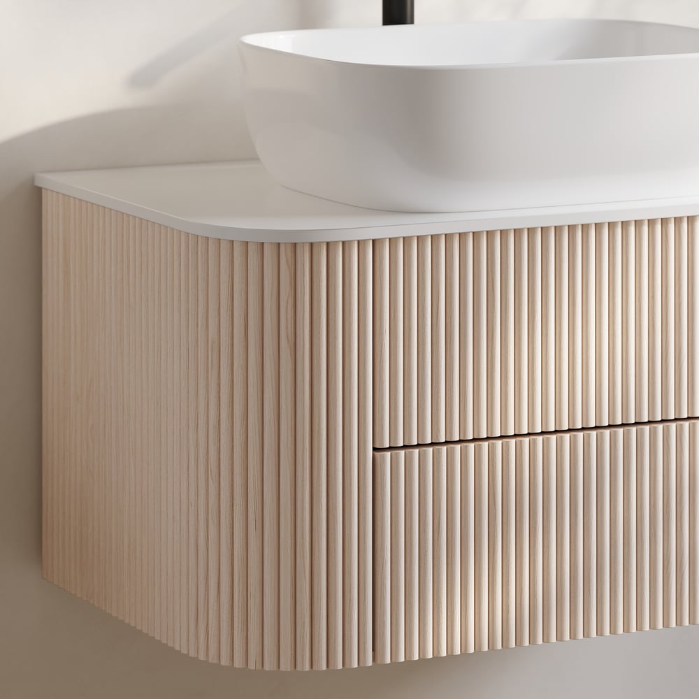 31.5" Whitewash Fluted Bathroom Vanity with Vessel Sink – Wall-Mounted Floating Design window image