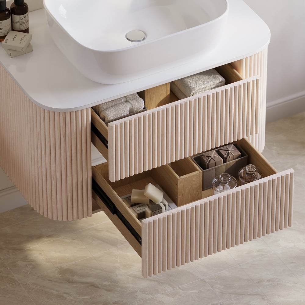31.5" Whitewash Fluted Bathroom Vanity with Vessel Sink – Wall-Mounted Floating Design window image