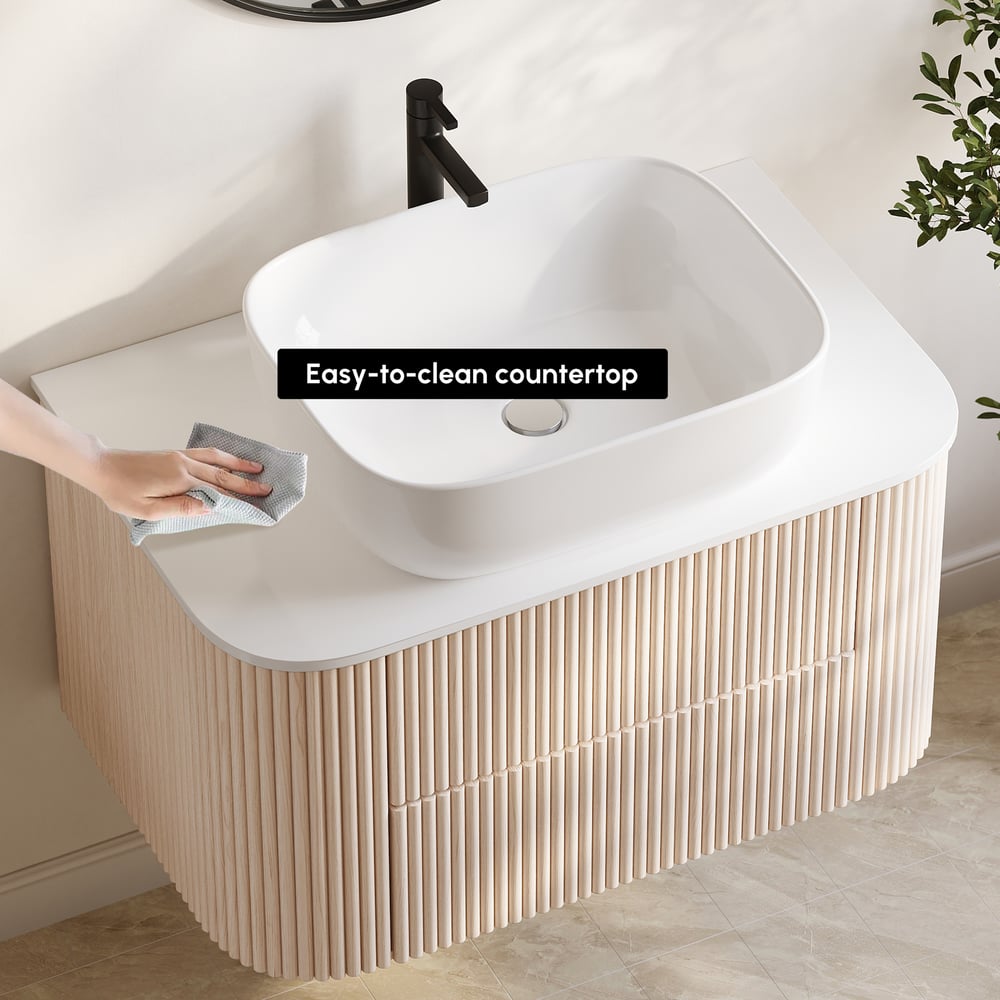 31.5" Whitewash Fluted Bathroom Vanity with Vessel Sink – Wall-Mounted Floating Design window image