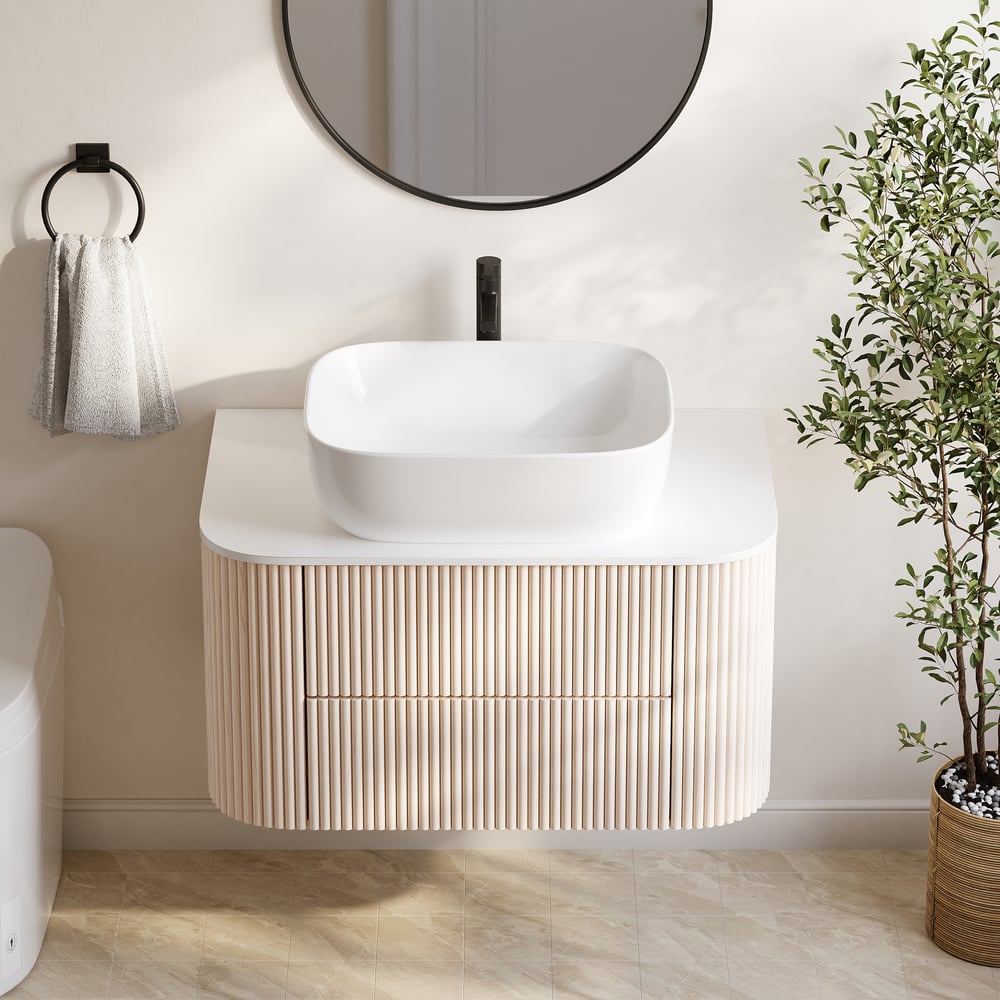 31.5" Whitewash Fluted Bathroom Vanity with Vessel Sink – Wall-Mounted Floating Design window image