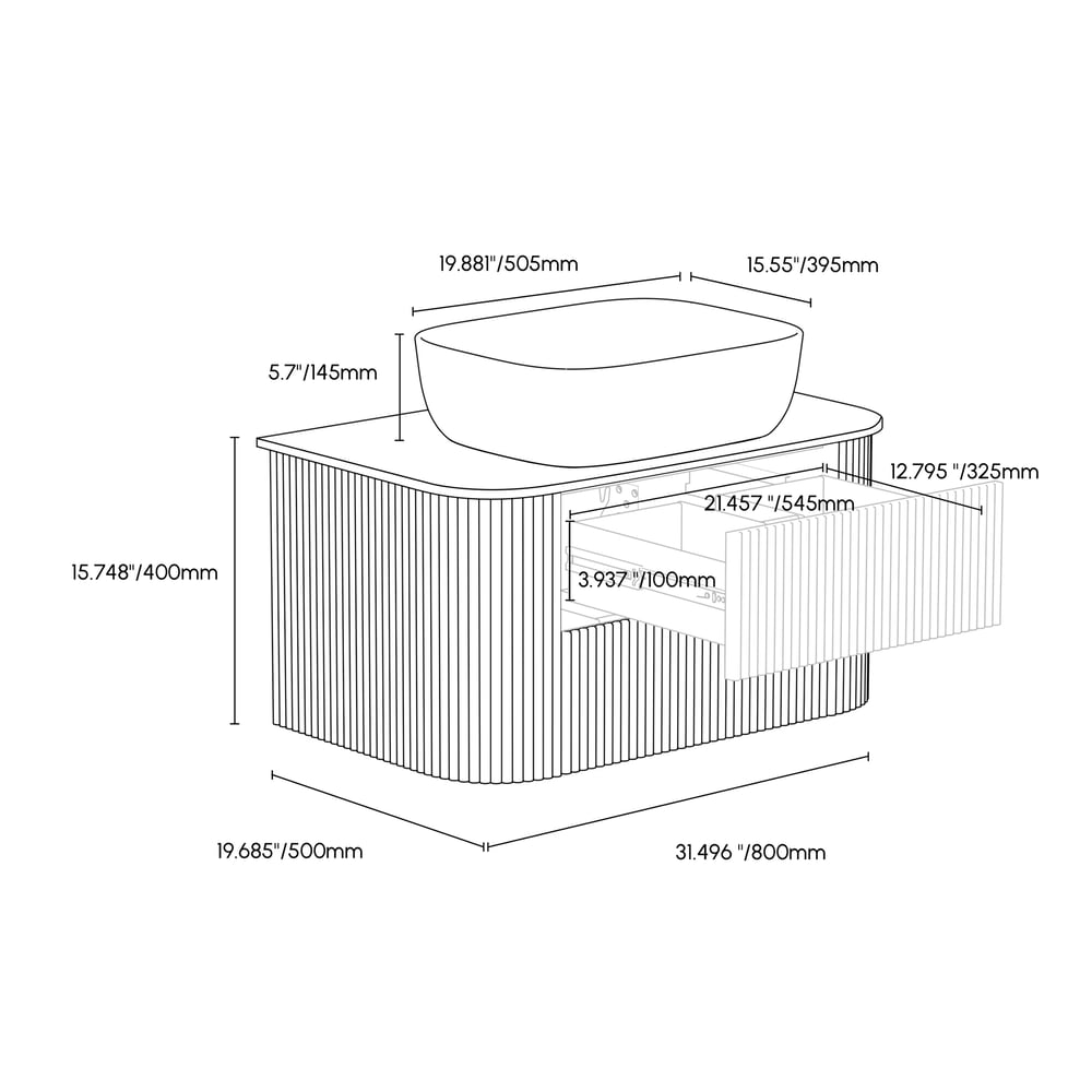 31.5" Whitewash Fluted Bathroom Vanity with Vessel Sink – Wall-Mounted Floating Design weights dimensions image