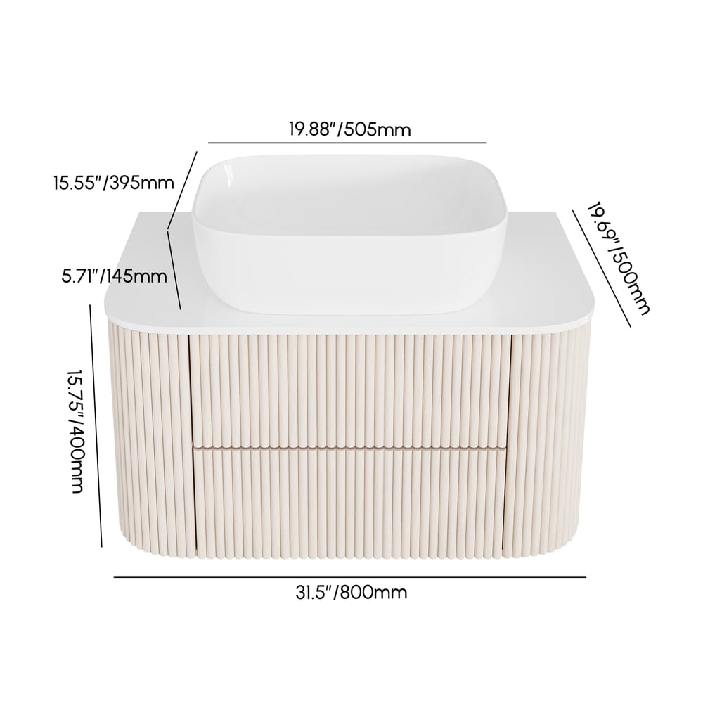 31.5" Whitewash Fluted Bathroom Vanity with Vessel Sink – Wall-Mounted Floating Design weights dimensions image
