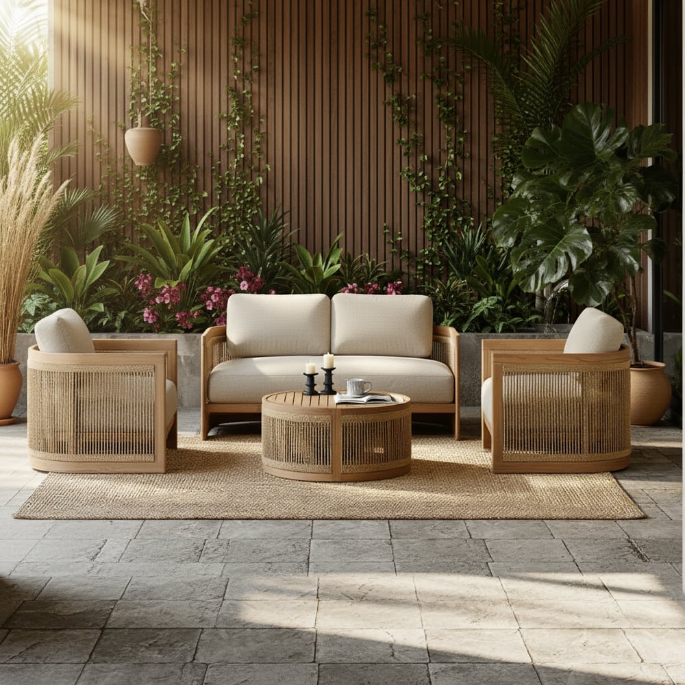 4-Pieces Beige Teak Hand Woven Rope Outdoor Sofa Set window image