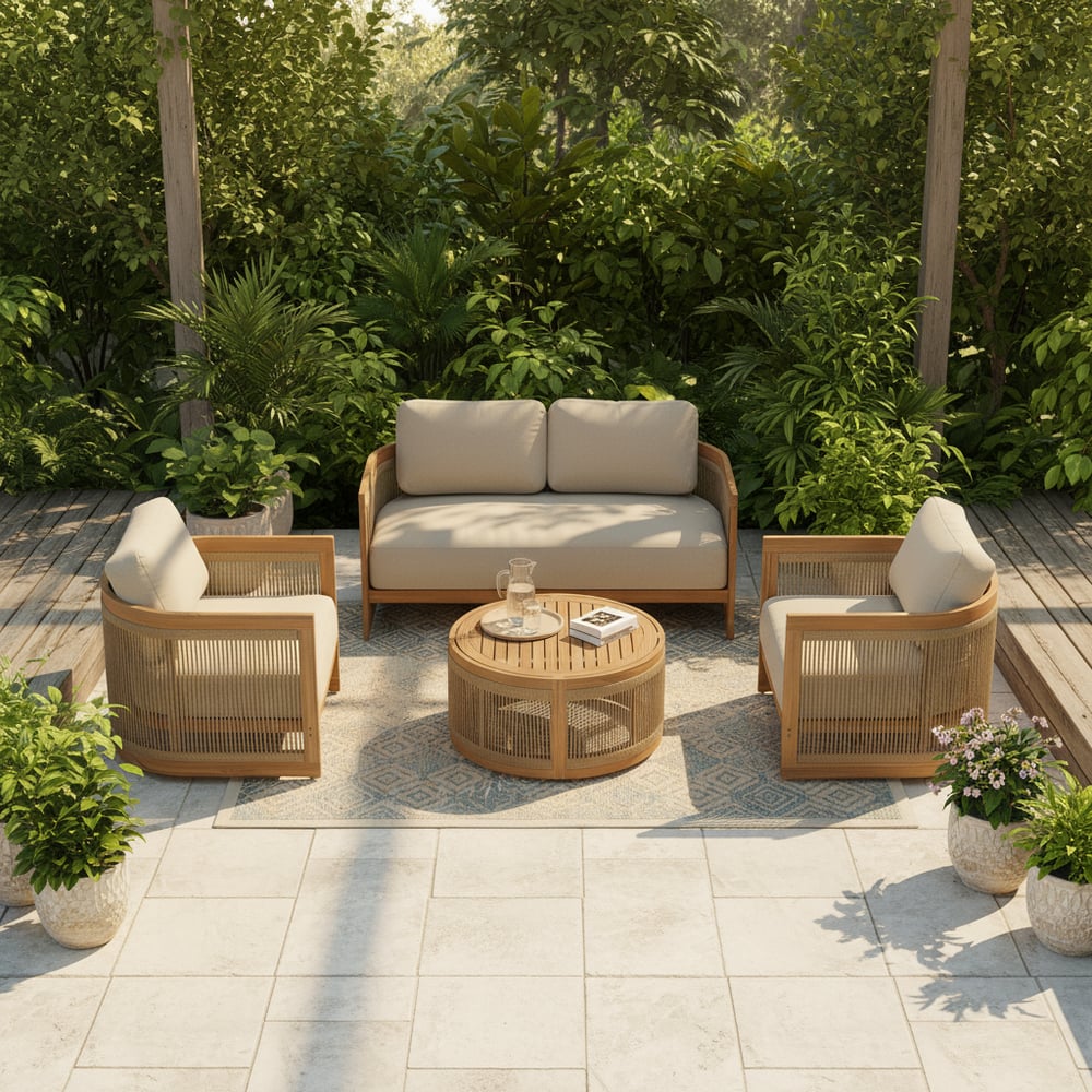 4-Pieces Beige Teak Hand Woven Rope Outdoor Sofa Set window image