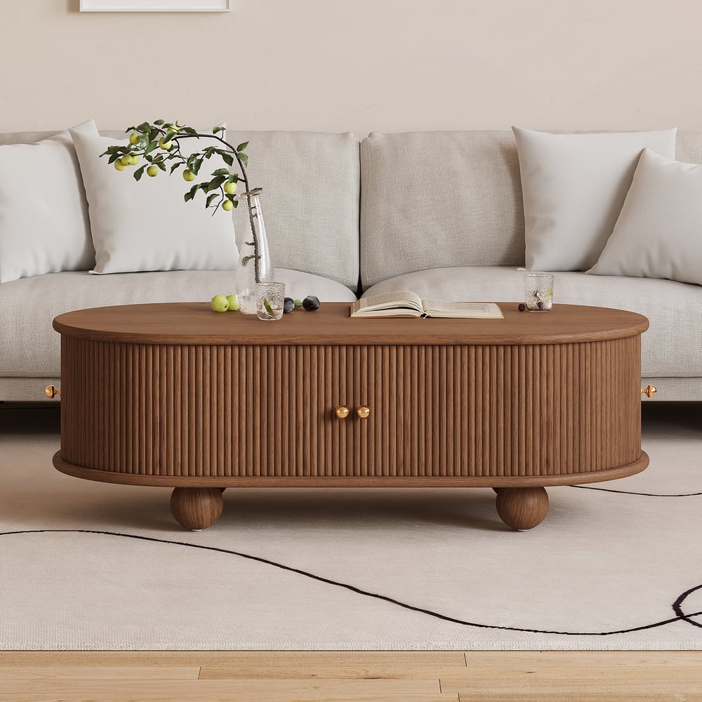 47" Modern Oval Walnut Solid Wood Fluted Coffee Table with Storage window image