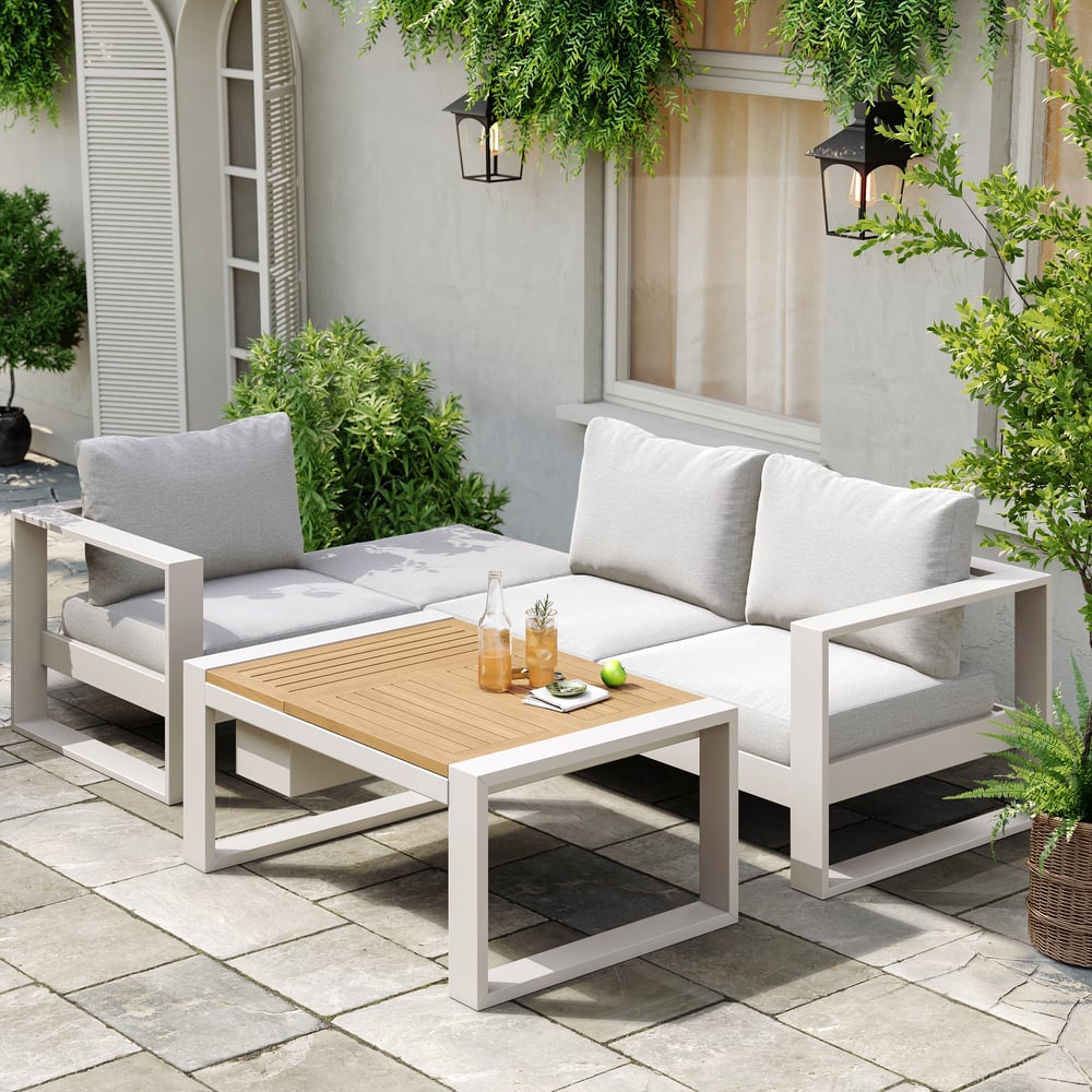 Salon de jardin 4 places Slatera avec seau à glace intégré en aluminium et acacia image de fenêtre