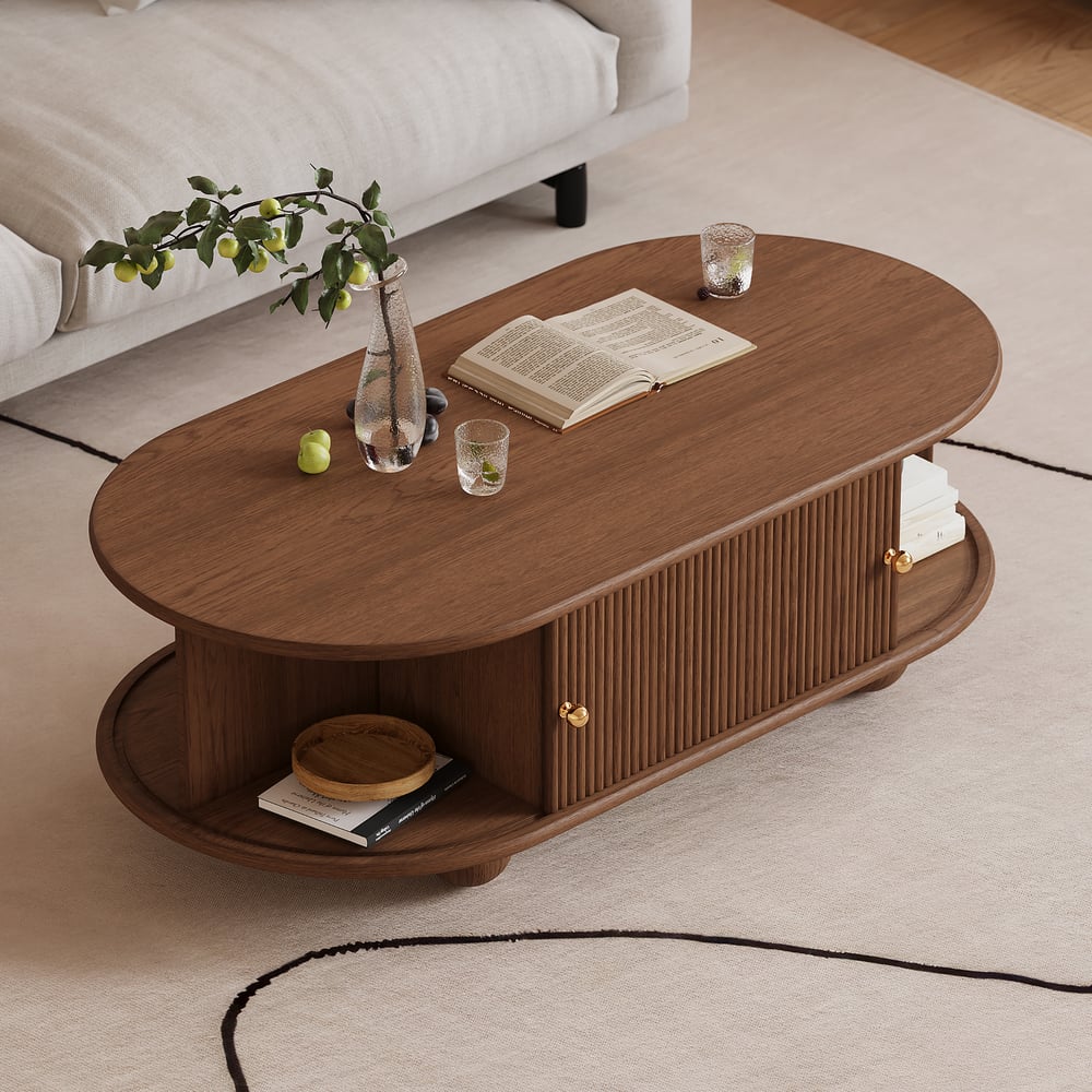 47" Modern Oval Walnut Solid Wood Fluted Coffee Table with Storage window image