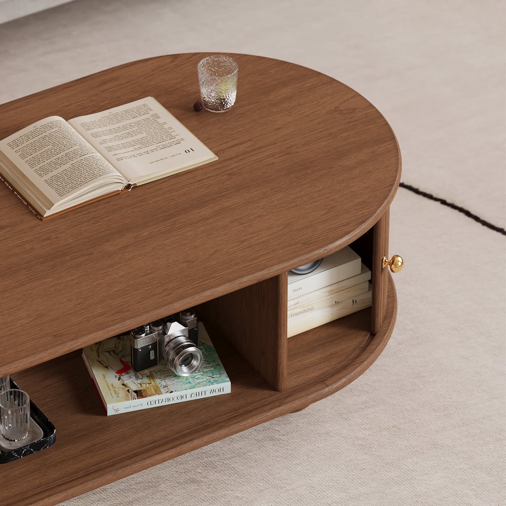 47" Modern Oval Walnut Solid Wood Fluted Coffee Table with Storage window image
