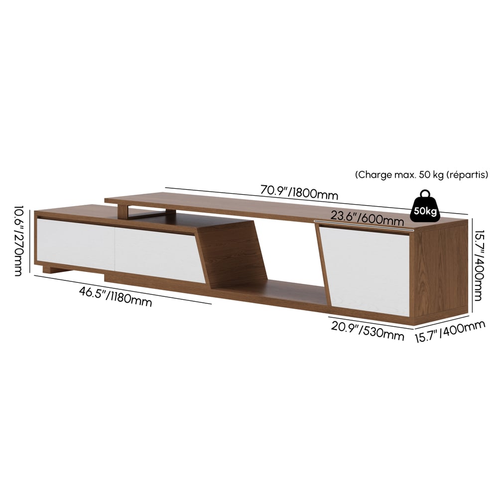 Fero Walnut & White Reversible Extendable TV Stand with 3 Drawers(71"-120") weights dimensions image